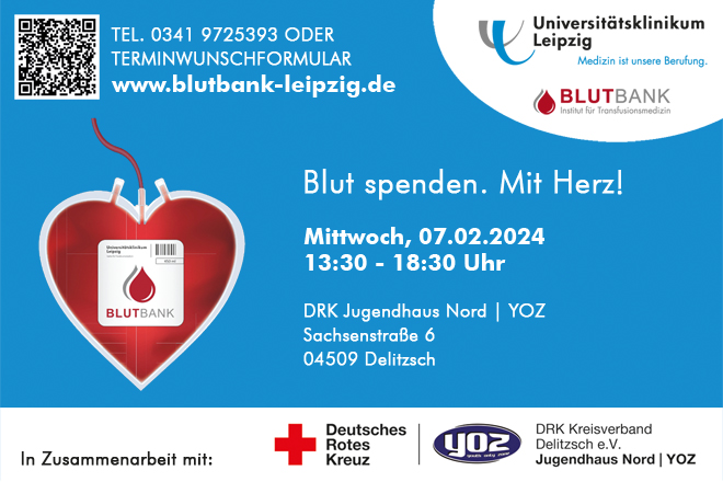 Blutspende am 7. Februar 2024 im DRK Jugendhaus YOZ